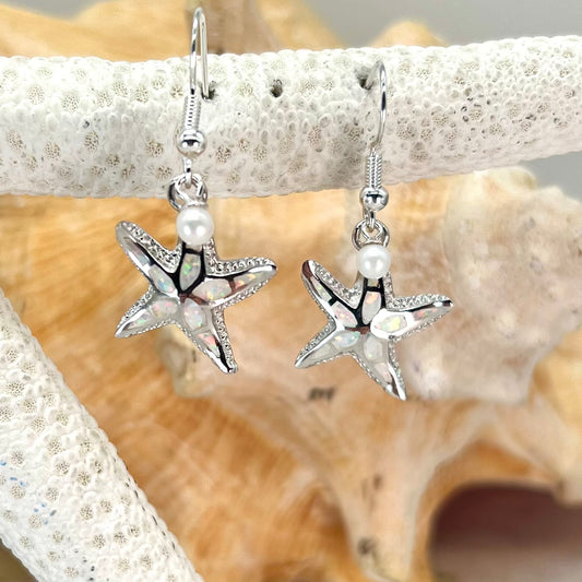 Custom Sterling Silver White Opal Starfish Dangle Earrings