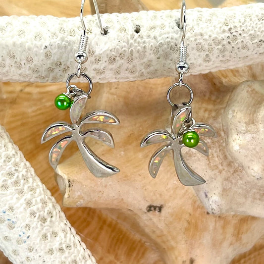 Custom Sterling Silver White Opal Palm Tree Earrings with Bright Green Micro Pearls
