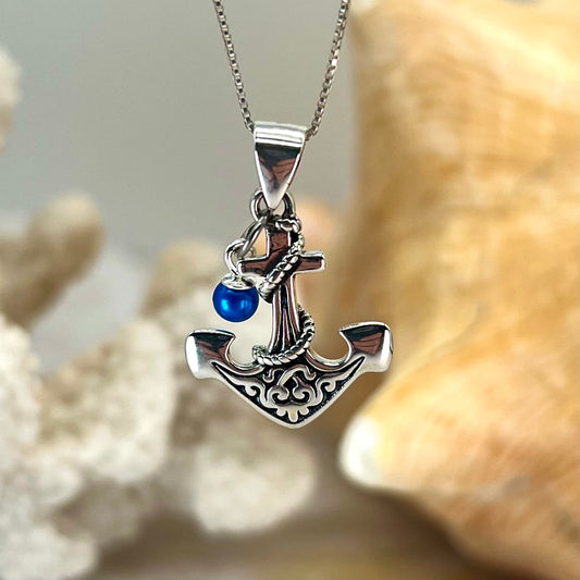 Custom Sterling Silver Anchor Pendant with Blue Micro